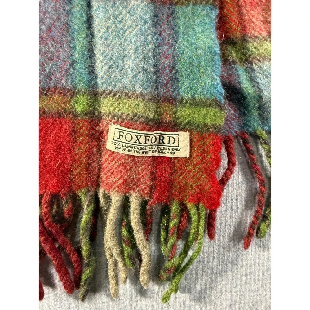 Foxford Ireland 100% Lambswool Scarf Plaid Green Red Blue Fringed Irish Made